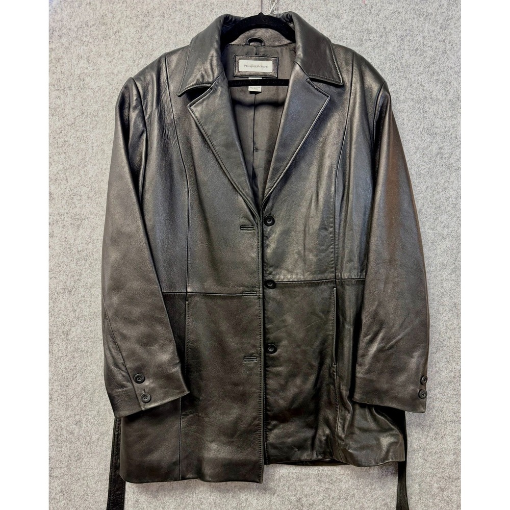 Preston & York Black Genuine Lambskin Leather Trench Coat Belted Jacket Mens XL